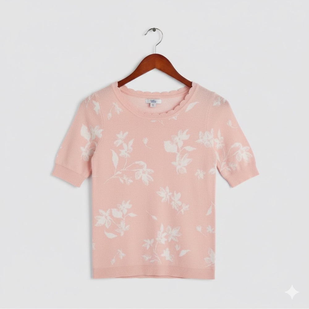 Croft & Barrow Pink Floral Scalloped Short Sleeve Sweater - XSP